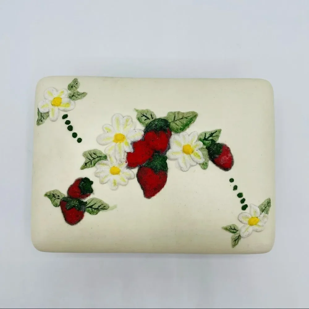 Vintage Handmade Ceramic Strawberry Trinket Box